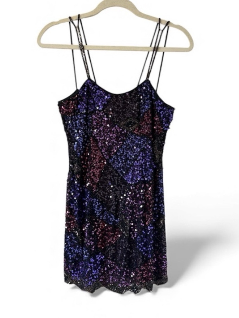 VTG Oleg Cassini Black Tie Silk Sequin Mini Dress Purple Black 80 90s Whimsigoth
